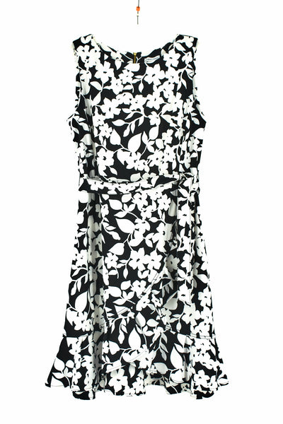 calvin klein black floral dress CALVIN KLEIN Womens Black Ruffled Sheer Zippered Lined Floral Long Sleeve Jewel Neck Knee Length Cocktail Shift Dress Plus 18W
